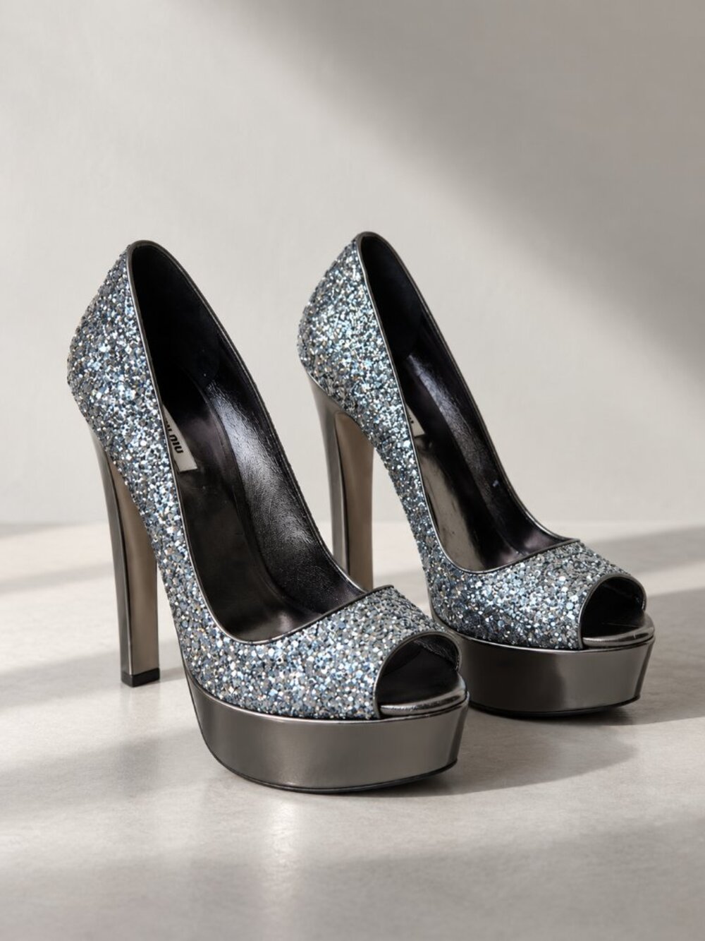 Vintage MIU MIU Platform Gunmetal Glitter Pumps Y2K